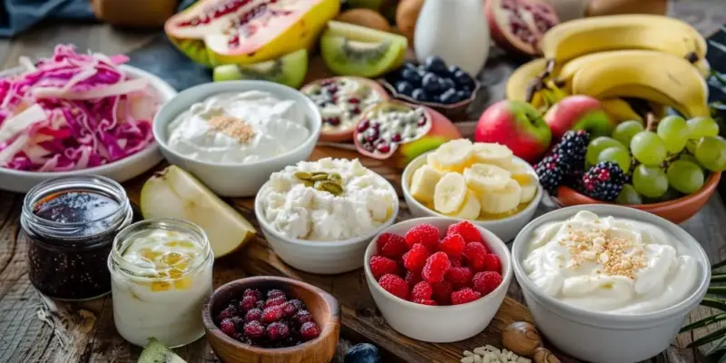 alimente bogate în probiotice și prebiotice, cu iaurt, kefir, kimchi, varză murată, miso, tempeh și murături pentru refacerea florei intestinale